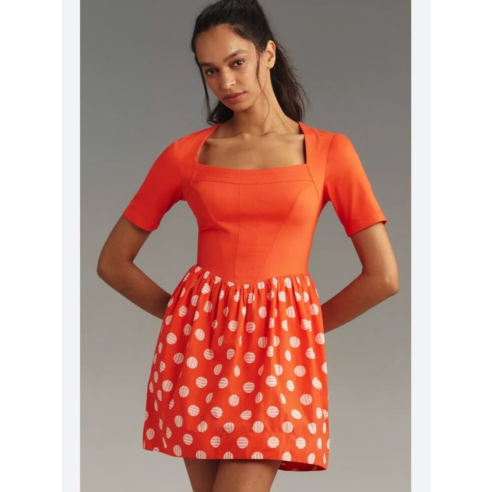 Anthropologie Maeve Red Orange Polka Dot Mini dress medium
